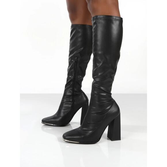 New Pretty Little Thing PU Toe Cap Square Toe Calf Heeled Sock Boots Size 7 - Picture 7 of 8